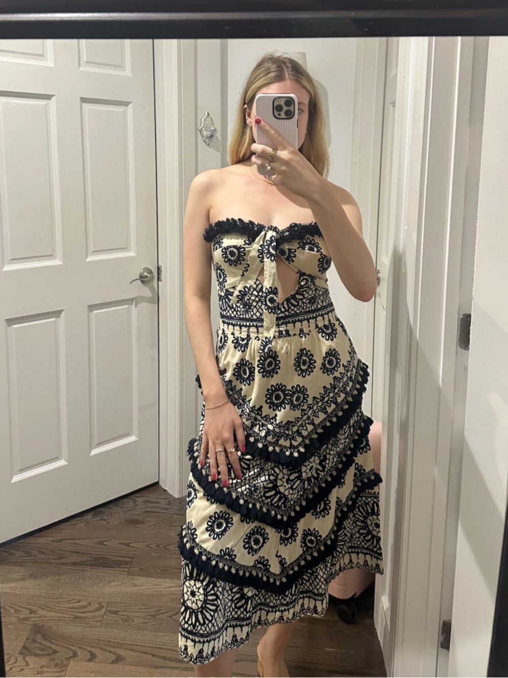 Cream Strapless Midi Dress with Black Floral Trim